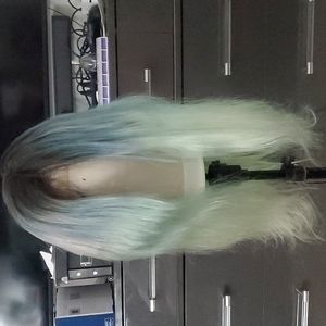 Blue and mint green ombre human hair wig